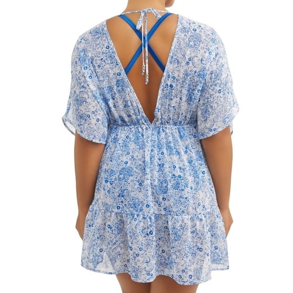 Time and Tru blue and white chiffon floral print ruffle hem swim suit coverup - Picture 2 of 8